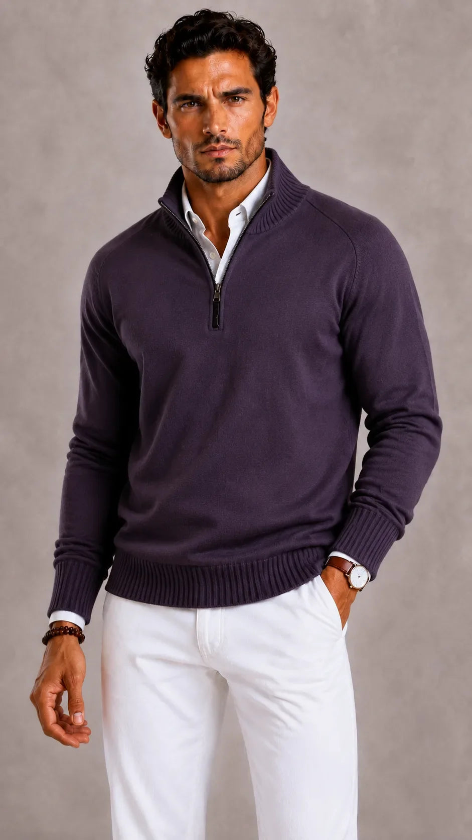 Pull Homme à Col Montant Zippé – Violet Foncé