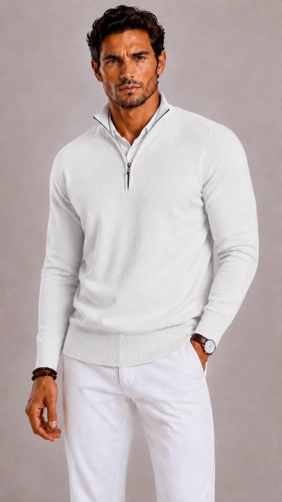 Pull Homme Élégant Col Zippé – Blanc