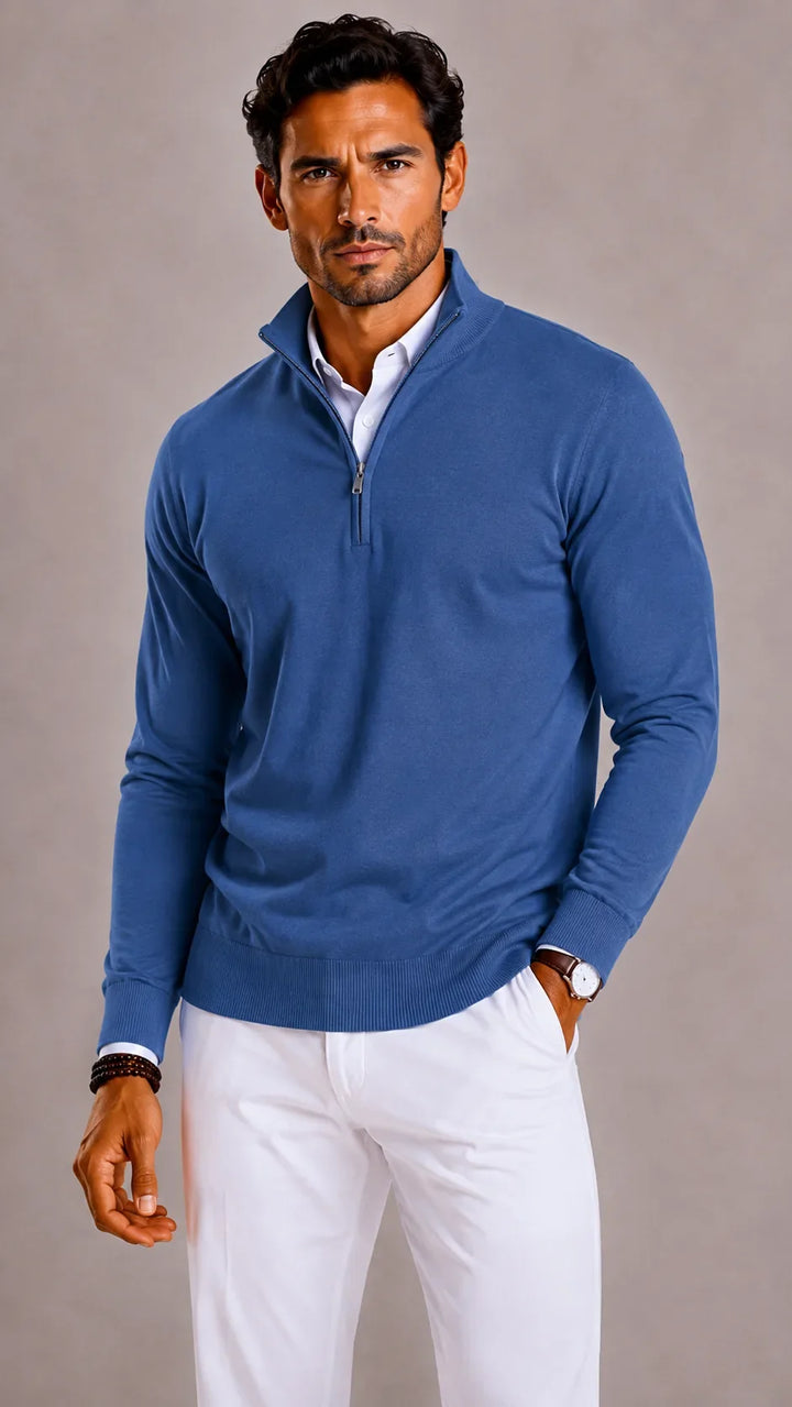 Pull Homme Élégant Col Zippé – Bleu Marine