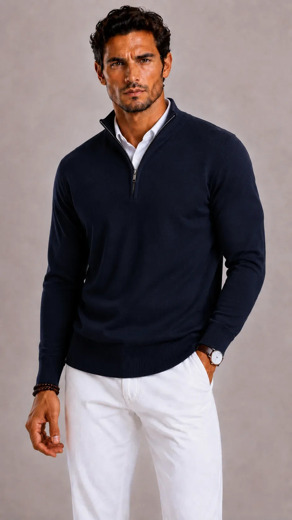 Pull Homme Élégant Col Zippé – Bleu Foncé