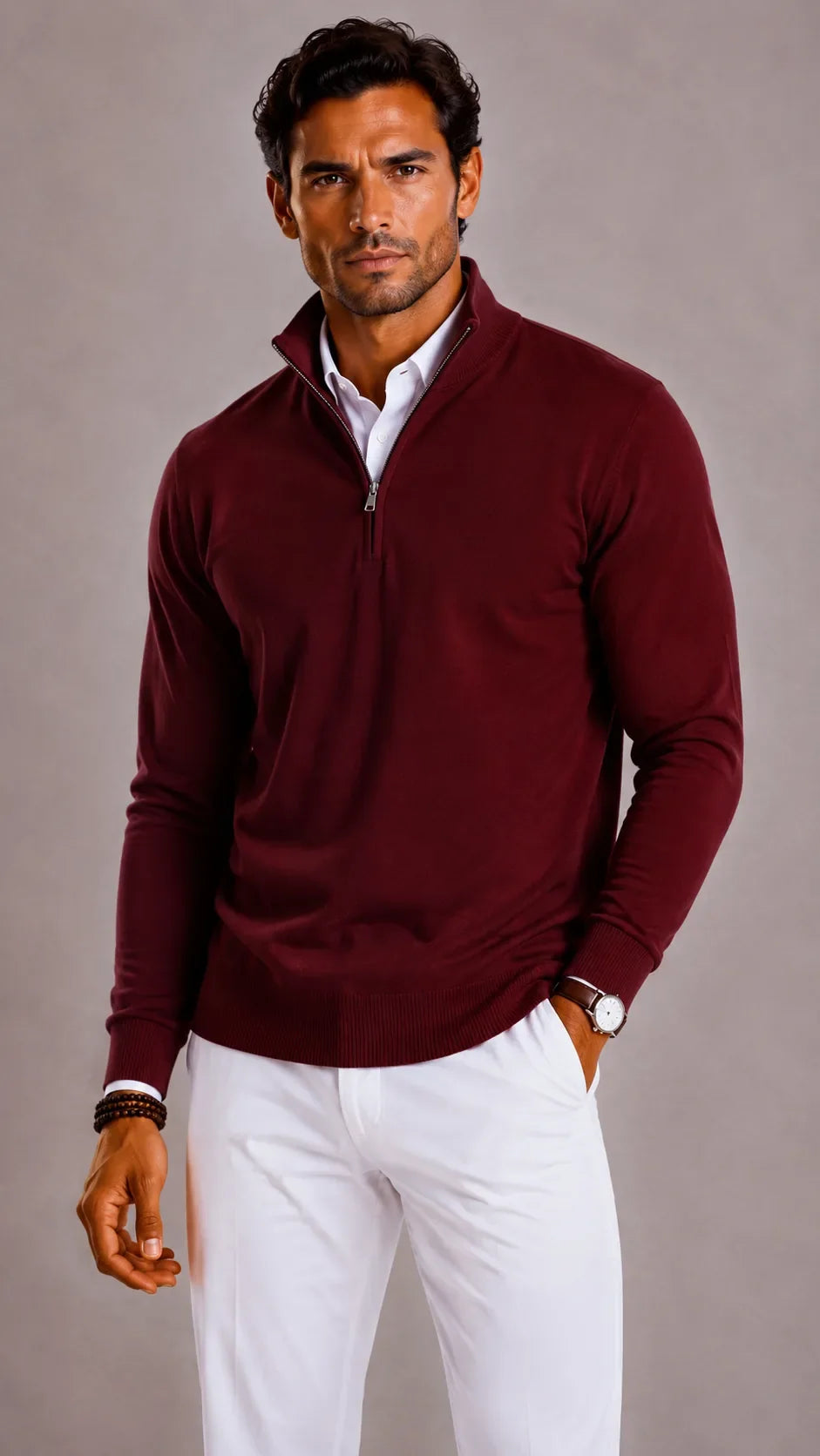 Pull Homme Élégant Col Zippé – Bordeaux