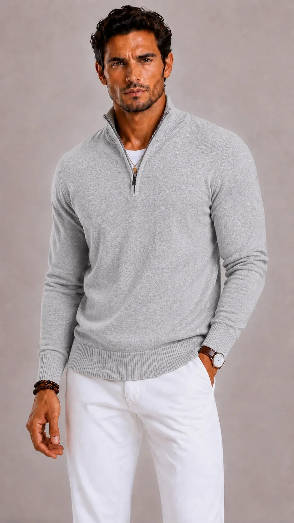 Pull Homme Élégant Col Zippé – Gris Clair