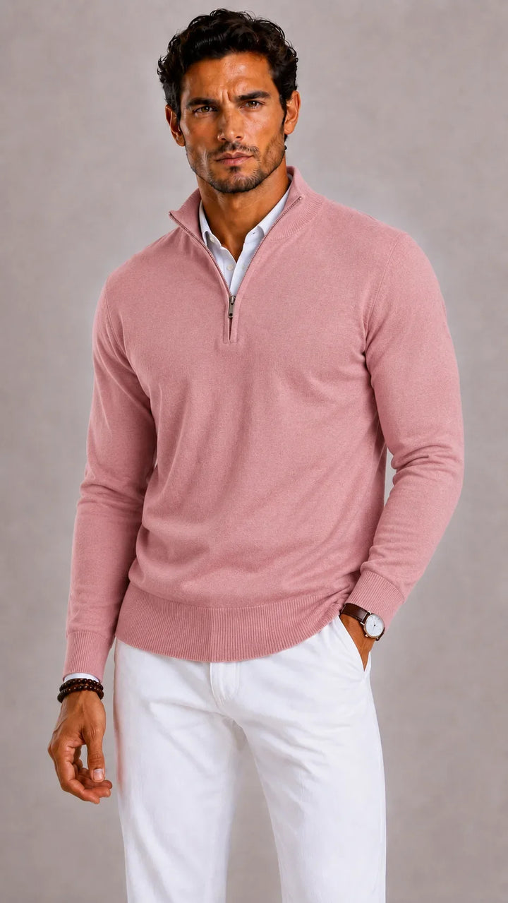Pull Homme Élégant Col Zippé – Rose