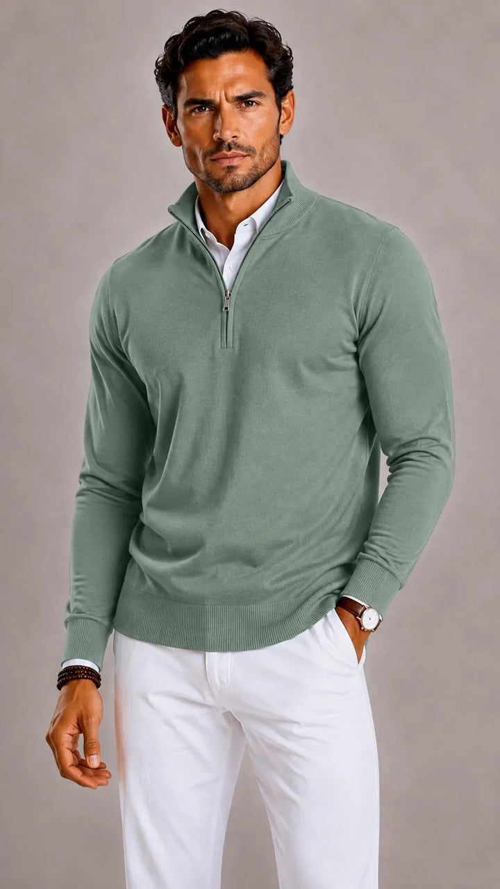 Pull Homme Élégant Col Zippé – Vert