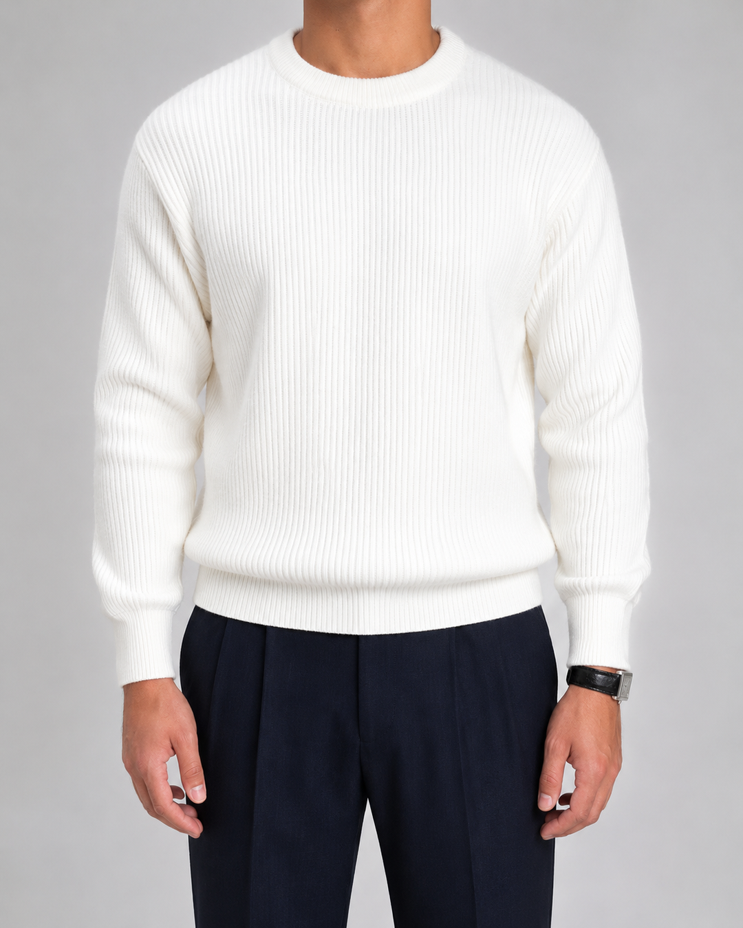 Pull Homme Texturé Col Rond – Blanc