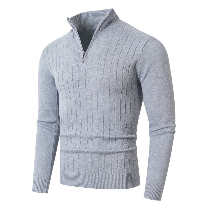 Pull Homme Texturé Col Zippé – Gris Clair