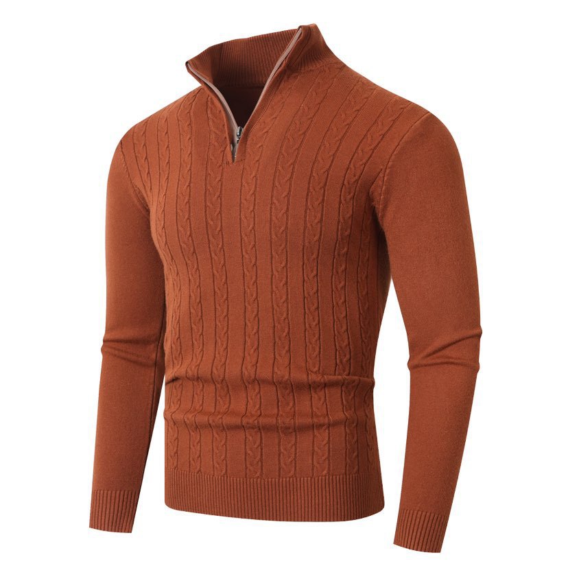 Pull Homme Texturé Col Zippé – Caramel