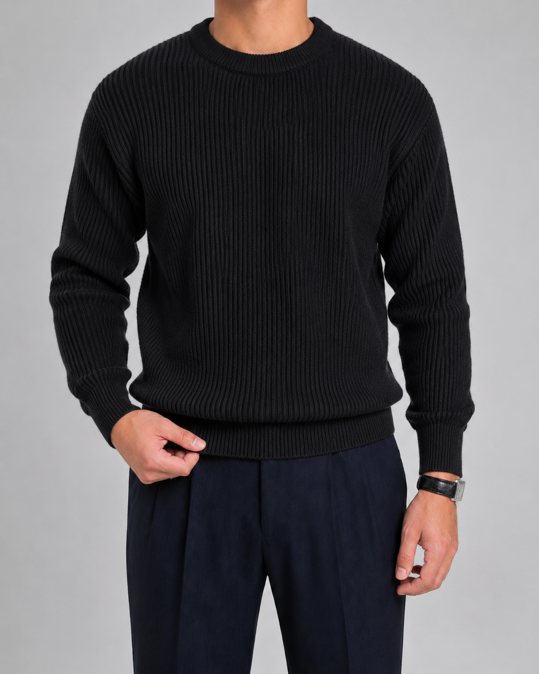Pull Homme Texturé Col Rond – Noir