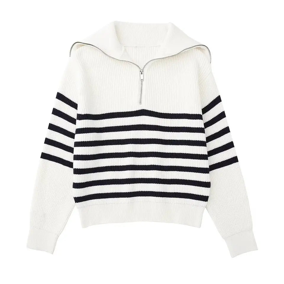Pull Rayé à Col Camionneur – Blanc/Noir