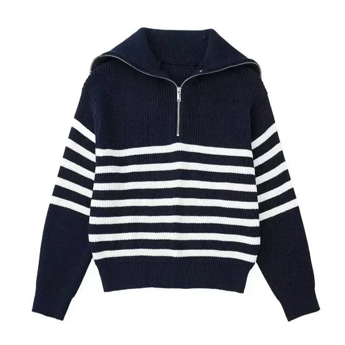 Pull Rayé à Col Camionneur – Bleu Marine