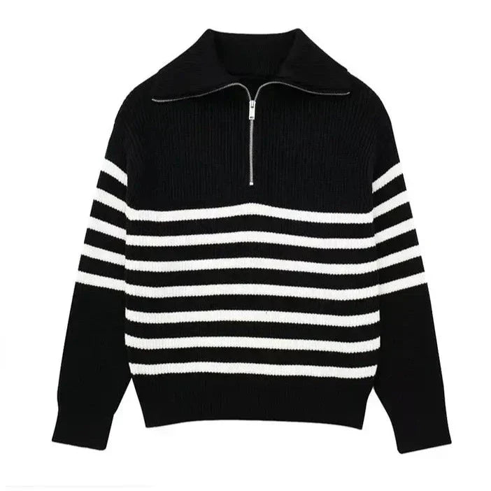 Pull Rayé à Col Camionneur – Noir/Blanc