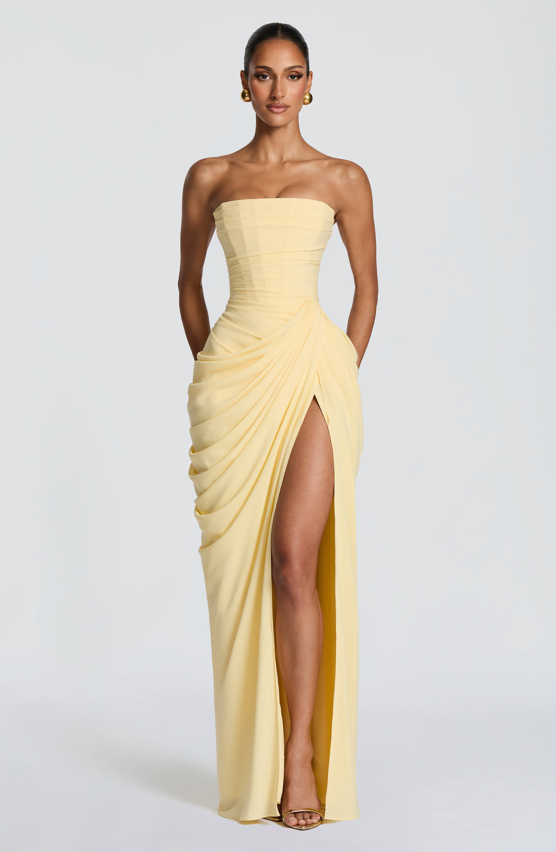 Robe Longue Bustier Fendue – Jaune