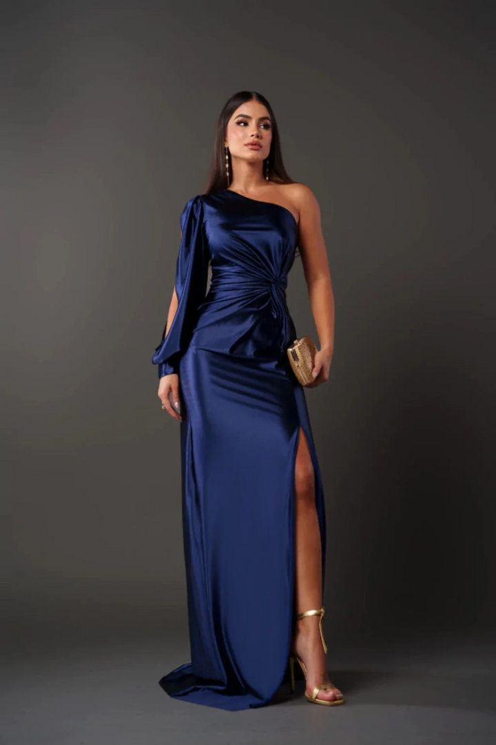 Robe Longue Drapée Asymétrique – Bleu Marine