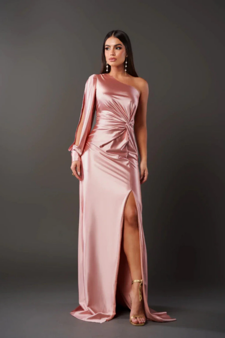 Robe Longue Drapée Asymétrique – Rose