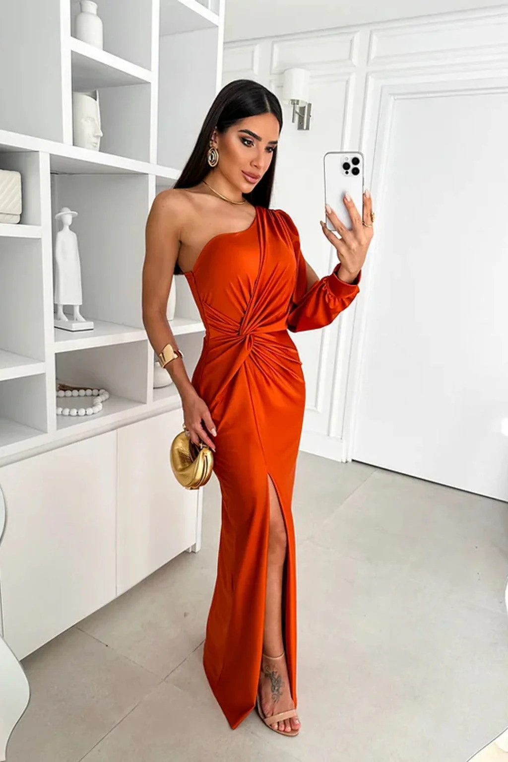 Robe Longue Drapée Asymétrique – Rouge