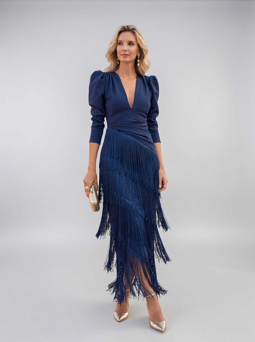 Robe Midi Drapée à Franges – Bleu