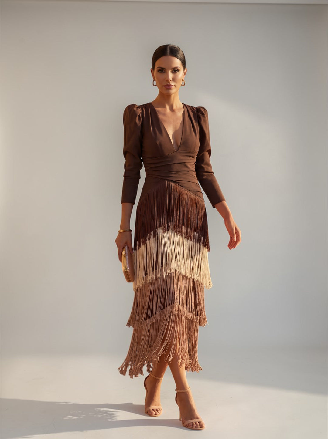 Robe Midi Drapée à Franges – Marron