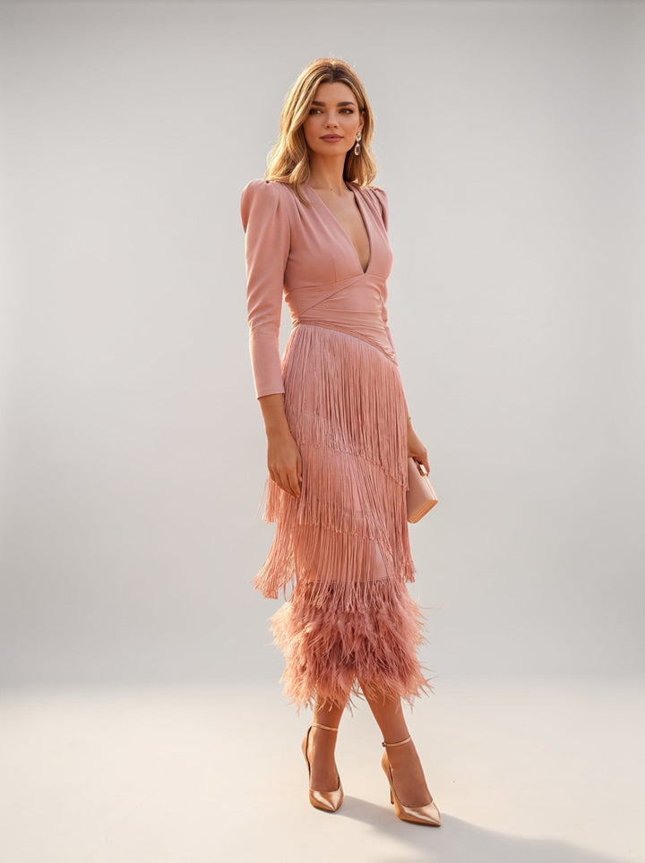 Robe Midi Drapée à Franges – Rose