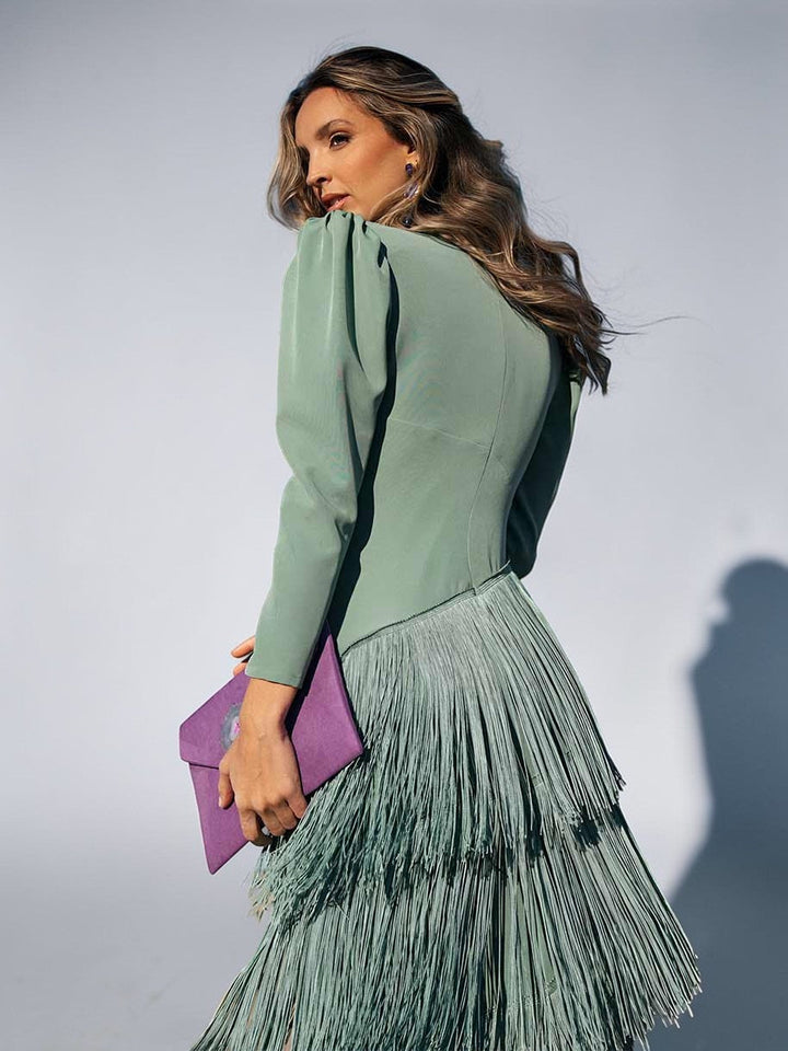 Robe Midi Drapée à Franges
