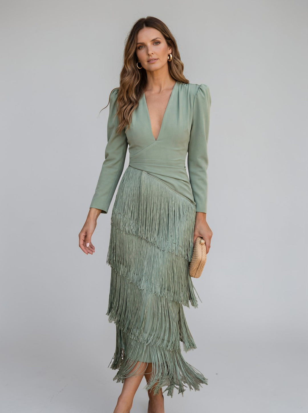 Robe Midi Drapée à Franges – Vert