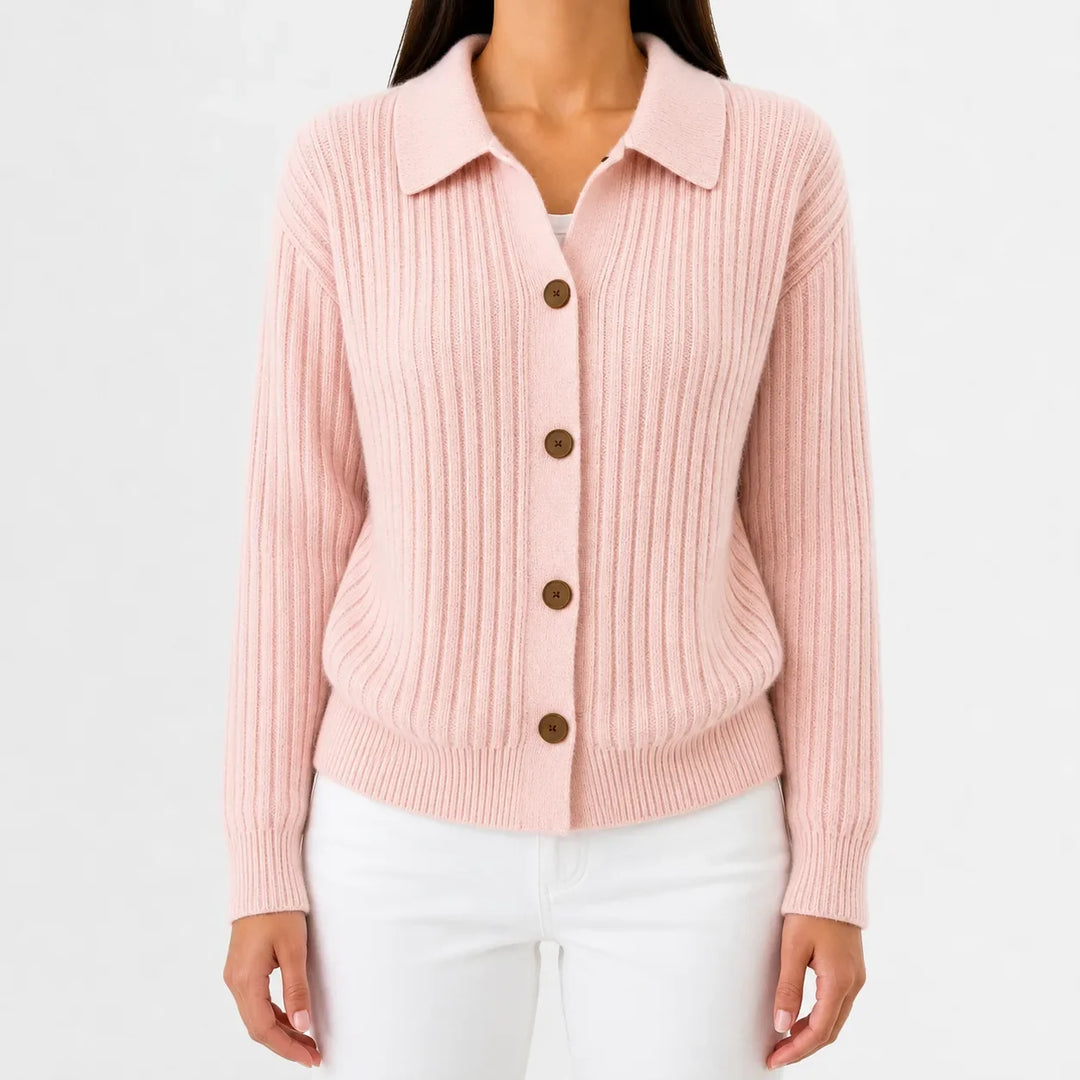 Cardigan Élégant à Col Polo – Rose Clair