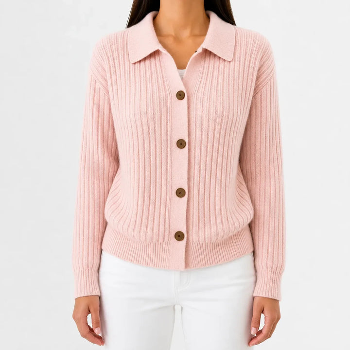 Cardigan Élégant à Col Polo – Rose Clair