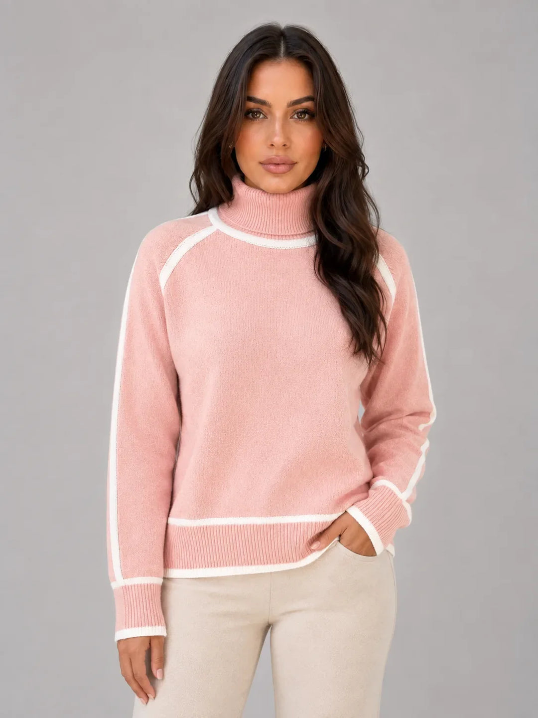 Pull Col Roulé à Bandes Contrastées – Rose