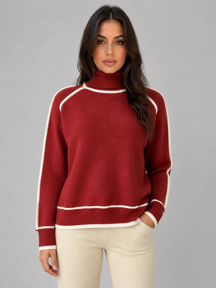 Pull Col Roulé à Bandes Contrastées – Rouge