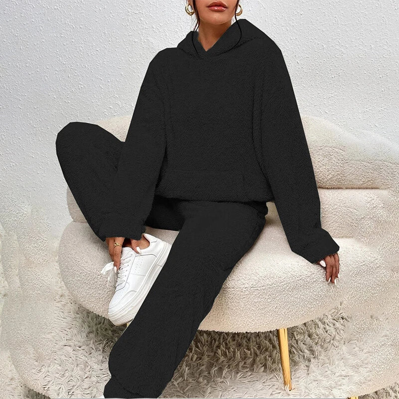 Ensemble Pyjama En Polaire Peluche Pour Femmes Avec Capuche – Tenue Confortable Hiver