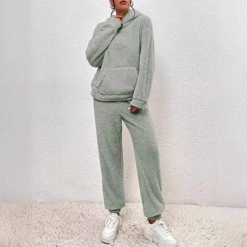 Ensemble Pyjama En Polaire Peluche Pour Femmes Avec Capuche – Tenue Confortable Hiver