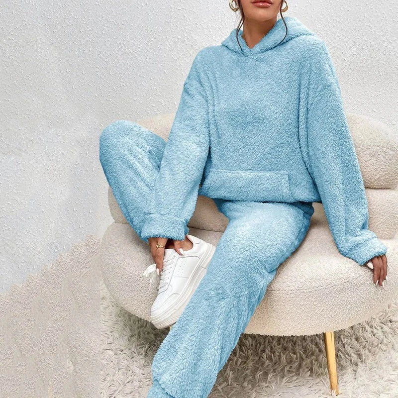 Ensemble Pyjama En Polaire Peluche Pour Femmes Avec Capuche – Tenue Confortable Hiver