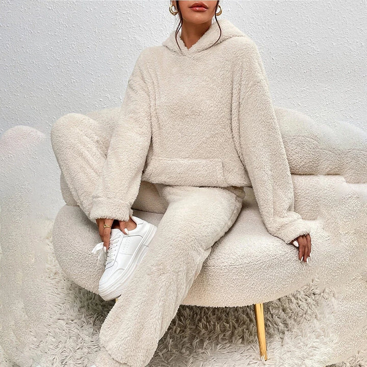 Ensemble Pyjama En Polaire Peluche Pour Femmes Avec Capuche – Tenue Confortable Hiver