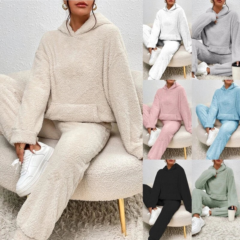 Ensemble Pyjama En Polaire Peluche Pour Femmes Avec Capuche – Tenue Confortable Hiver