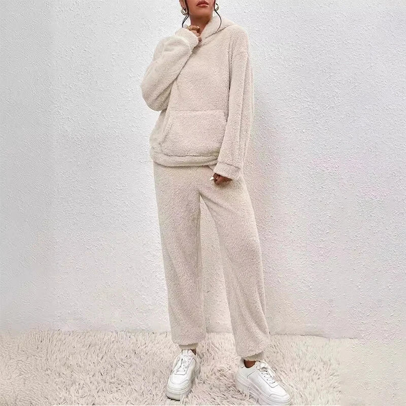 Ensemble Pyjama En Polaire Peluche Pour Femmes Avec Capuche – Tenue Confortable Hiver