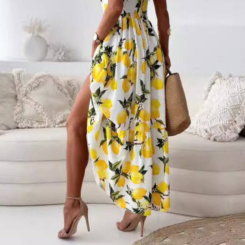 Robe Soleil Citrus – Coupe Longue Fendue & Fluidité d’Été