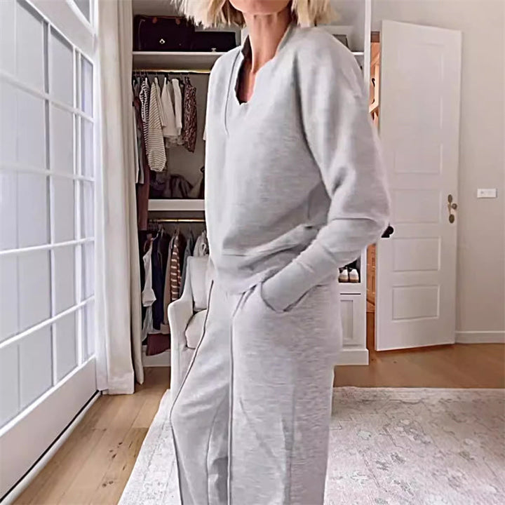 Ensemble Décontracté 2 Pièces | Col V & Pantalon Large | Confort Élégant