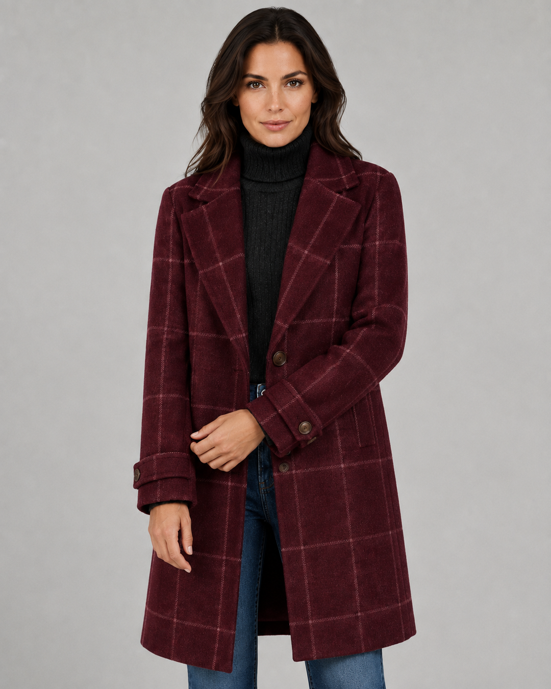 Manteau Long Structuré à Carreaux – Bordeaux
