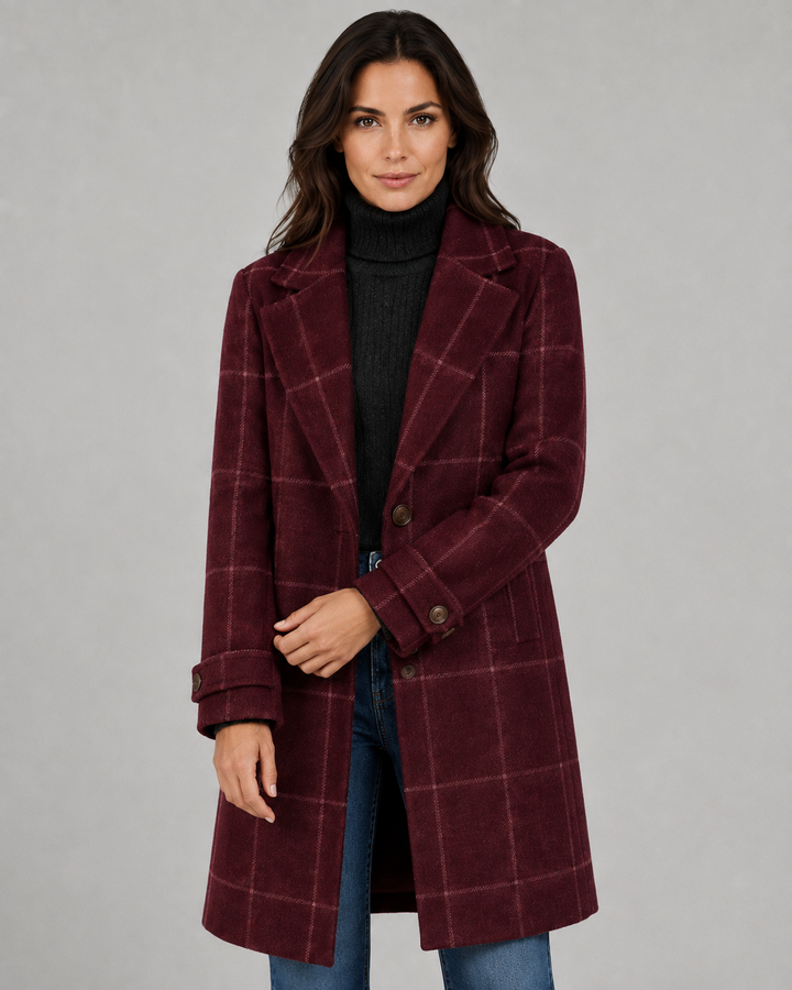 Manteau Long Structuré à Carreaux – Bordeaux