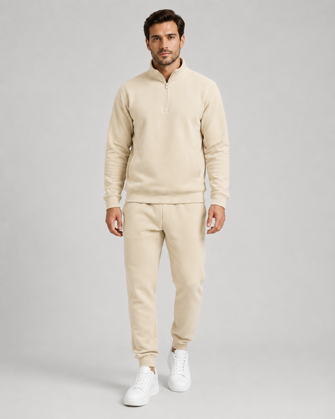 Sweat à Col Montant Zippé – Beige
