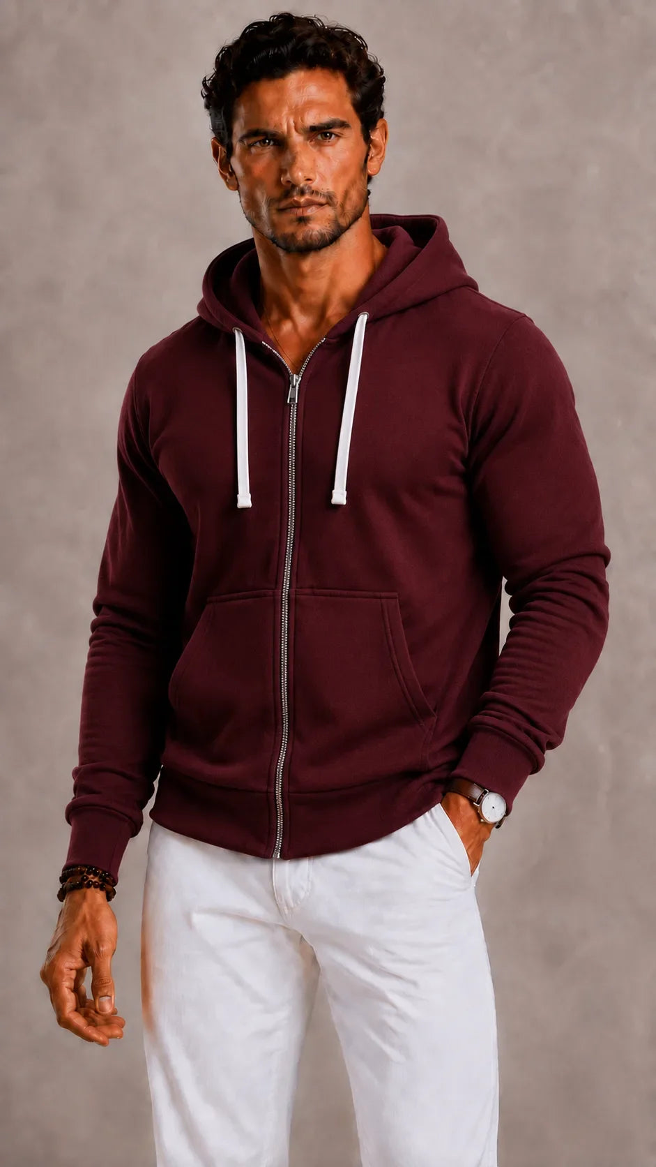 Sweat Zippé à Capuche Classique – Châtaigne
