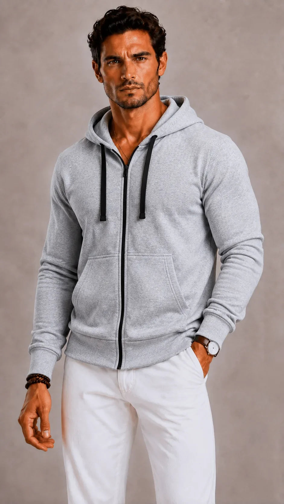 Sweat Zippé à Capuche Classique – Gris Clair