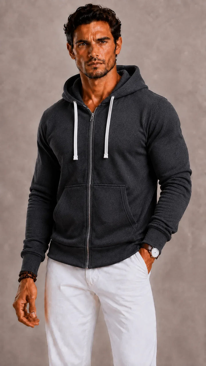 Sweat Zippé à Capuche Classique – Gris Foncé