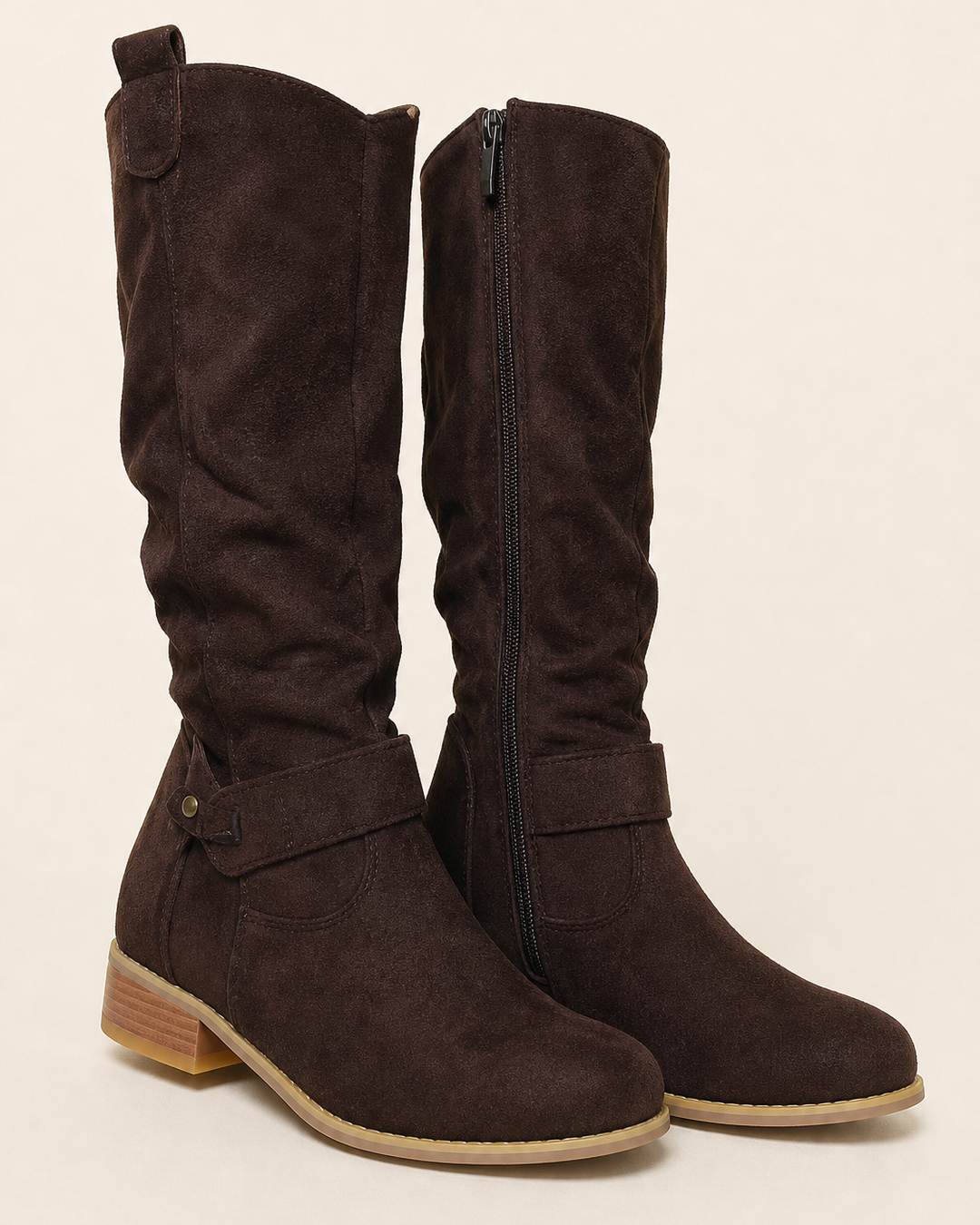 Bottes Mi-Mollet à Petit Talon – Marron Foncé/Abricot
