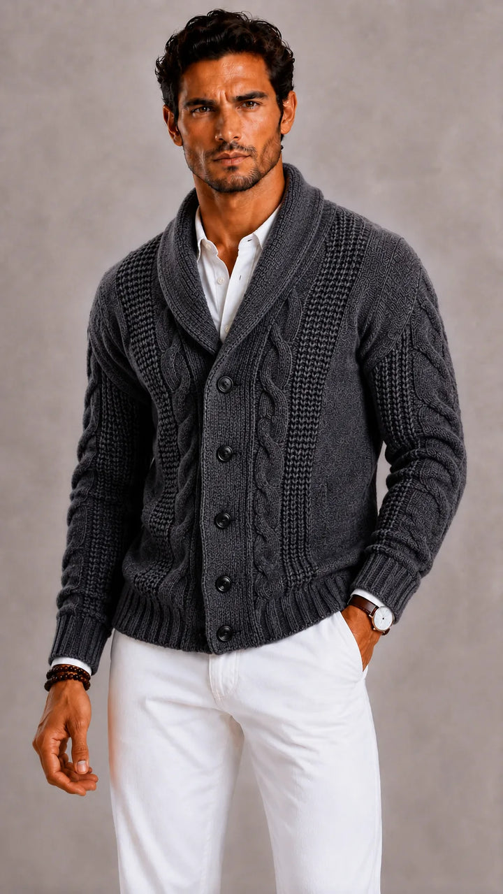 Cardigan à Torsades et Col Châle – Gris Foncé