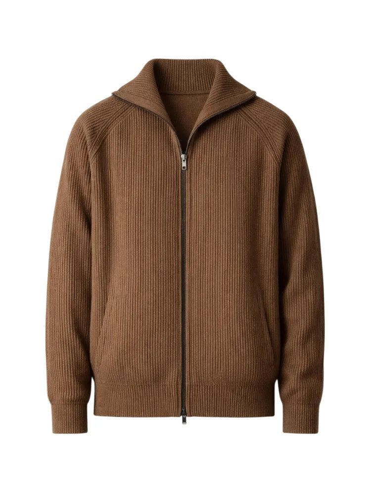 Cardigan Homme Zippé Col Montant – Marron