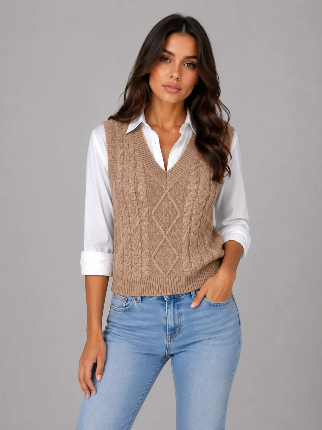 Cardigan sans Manches Torsadé – Kaki