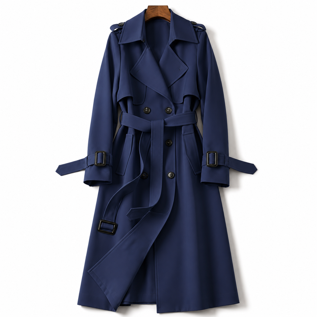 Manteau long croisé ceinturé – Bleu Marine