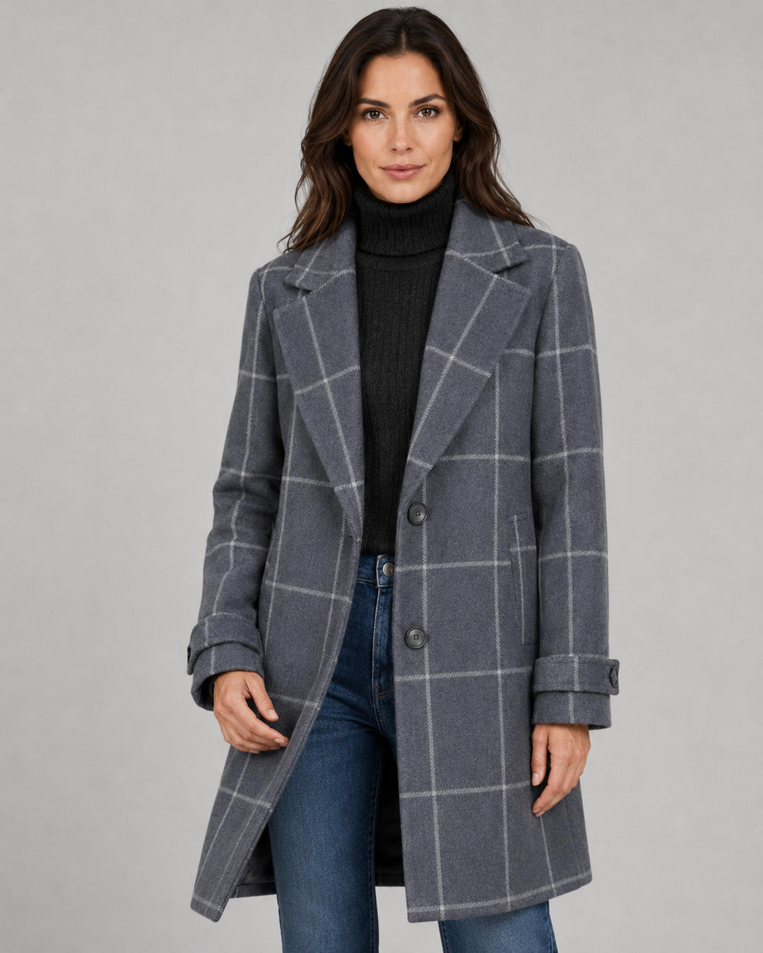 Manteau Long Structuré à Carreaux – Gris