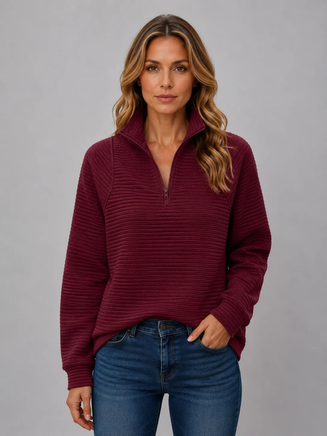 Pull Côtelé à Col Zippé – Bordeaux