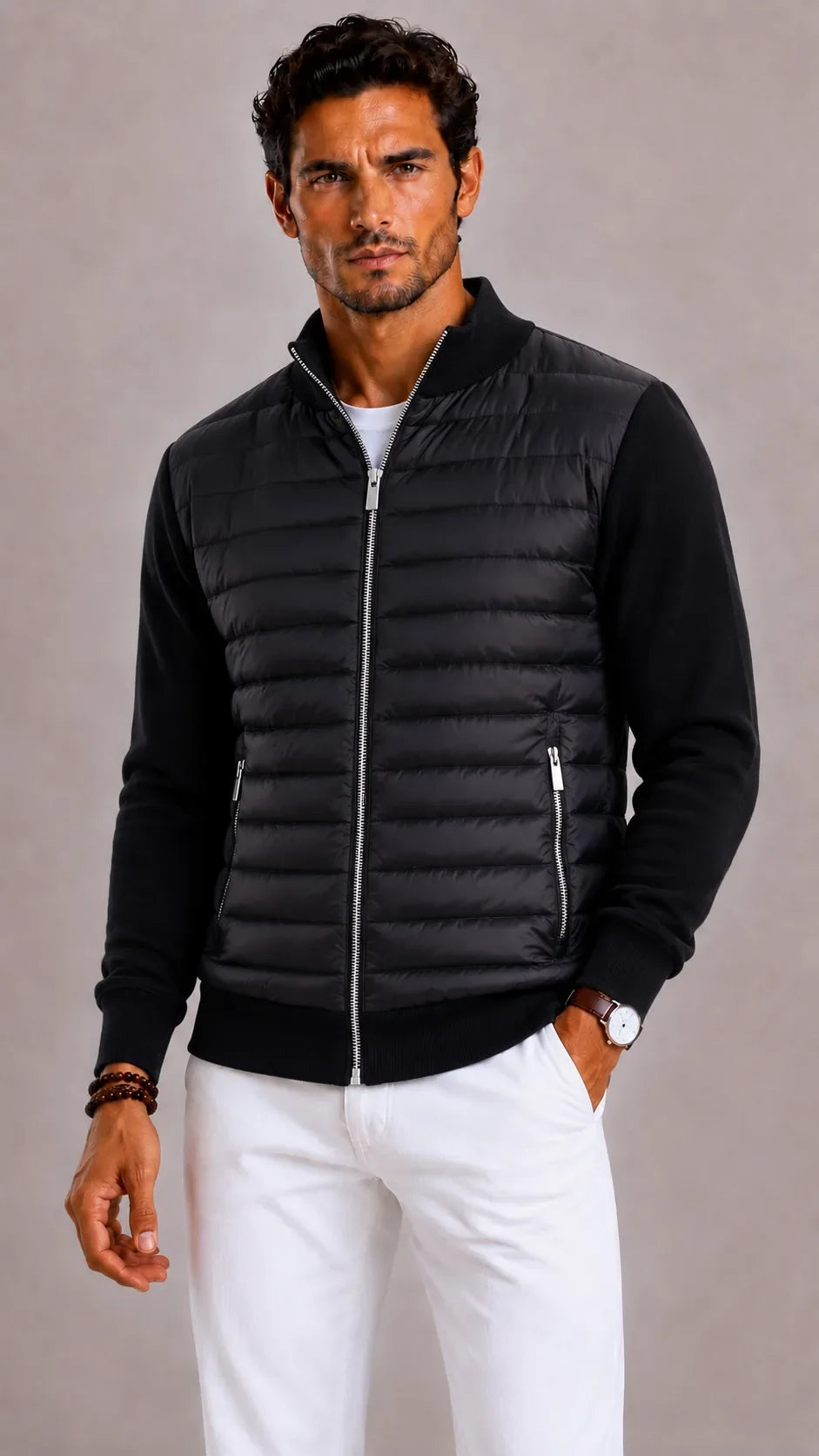 Veste Zippée à Panneau Matelassé – Noir